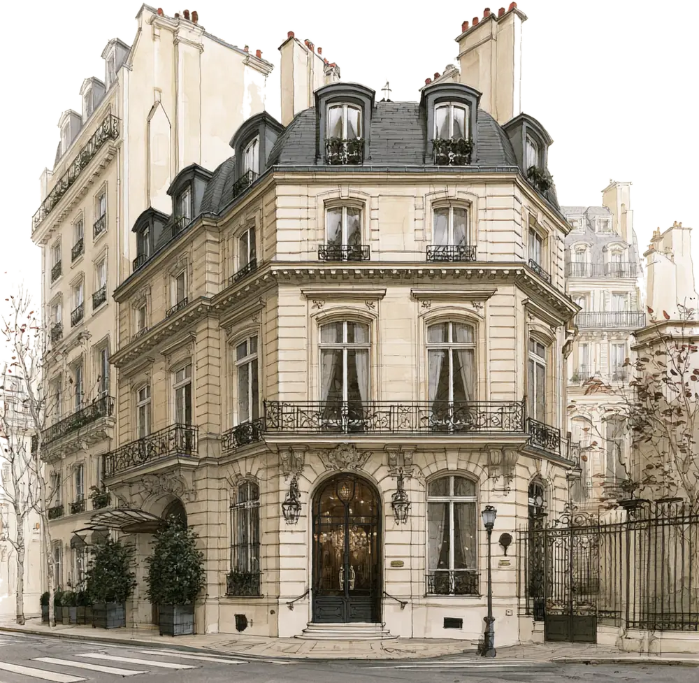 Dessin à l'encre et à l'aquarelle d'un immeuble haussmannien d'angle : pierre de taille, balcon filant en ferronnerie, toiture mansardée et porte cochère sous marquise.