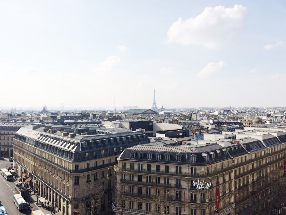 Toits haussmanniens de Paris, ciel pâle, Tour Eiffel à l'horizon.